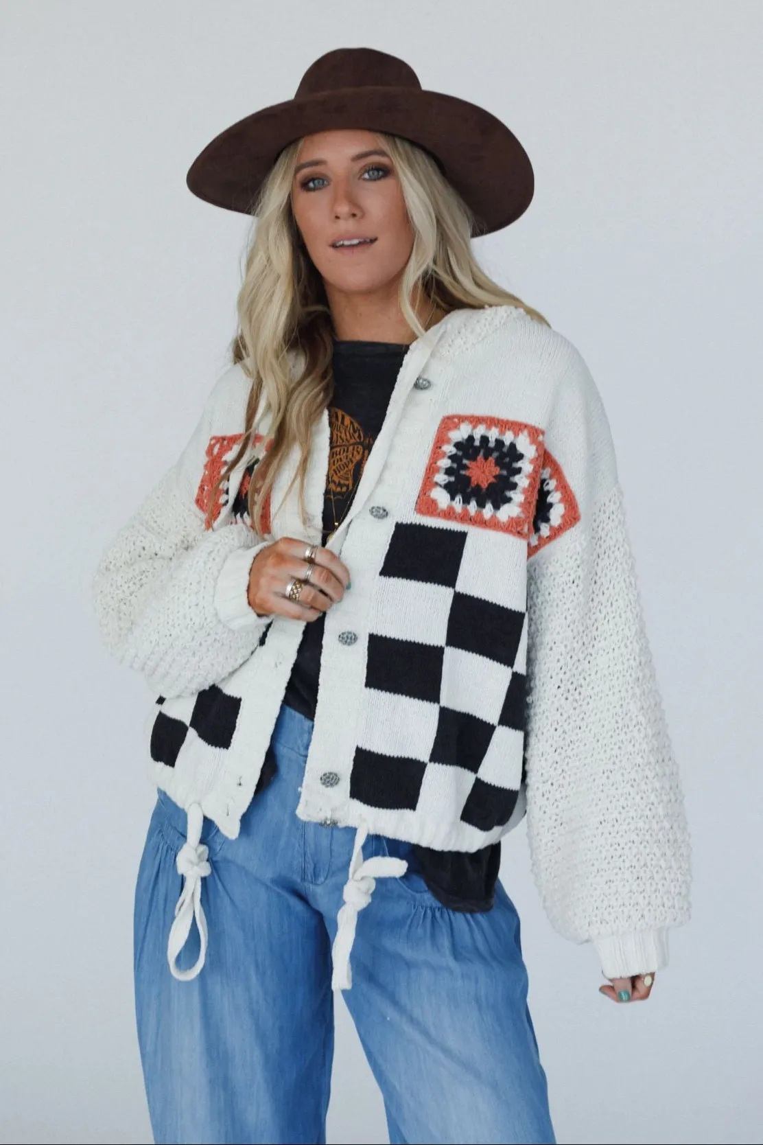 Flower Check Hoodie Top - Cream