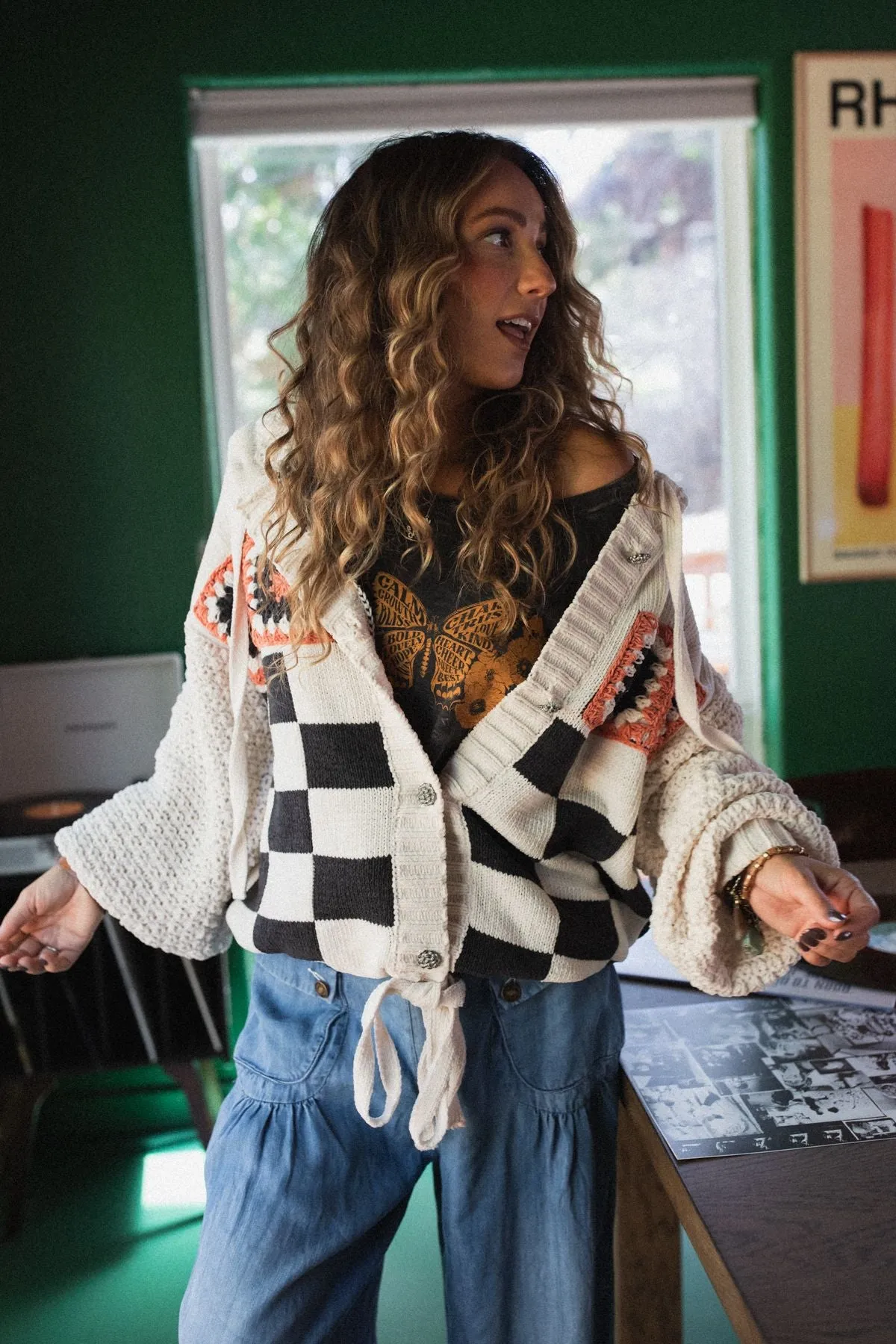 Flower Check Hoodie Top - Cream