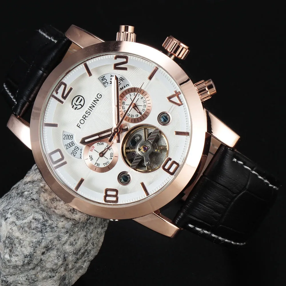 FORSINING Multifunction Mechanical Auto Analog Date Day Leather Strap Male Clock Men Dress Wrist Automatic Self Wind Watch with Gift Box