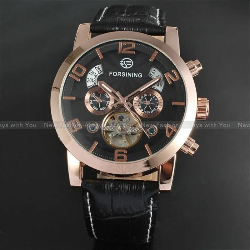 FORSINING Multifunction Mechanical Auto Analog Date Day Leather Strap Male Clock Men Dress Wrist Automatic Self Wind Watch with Gift Box
