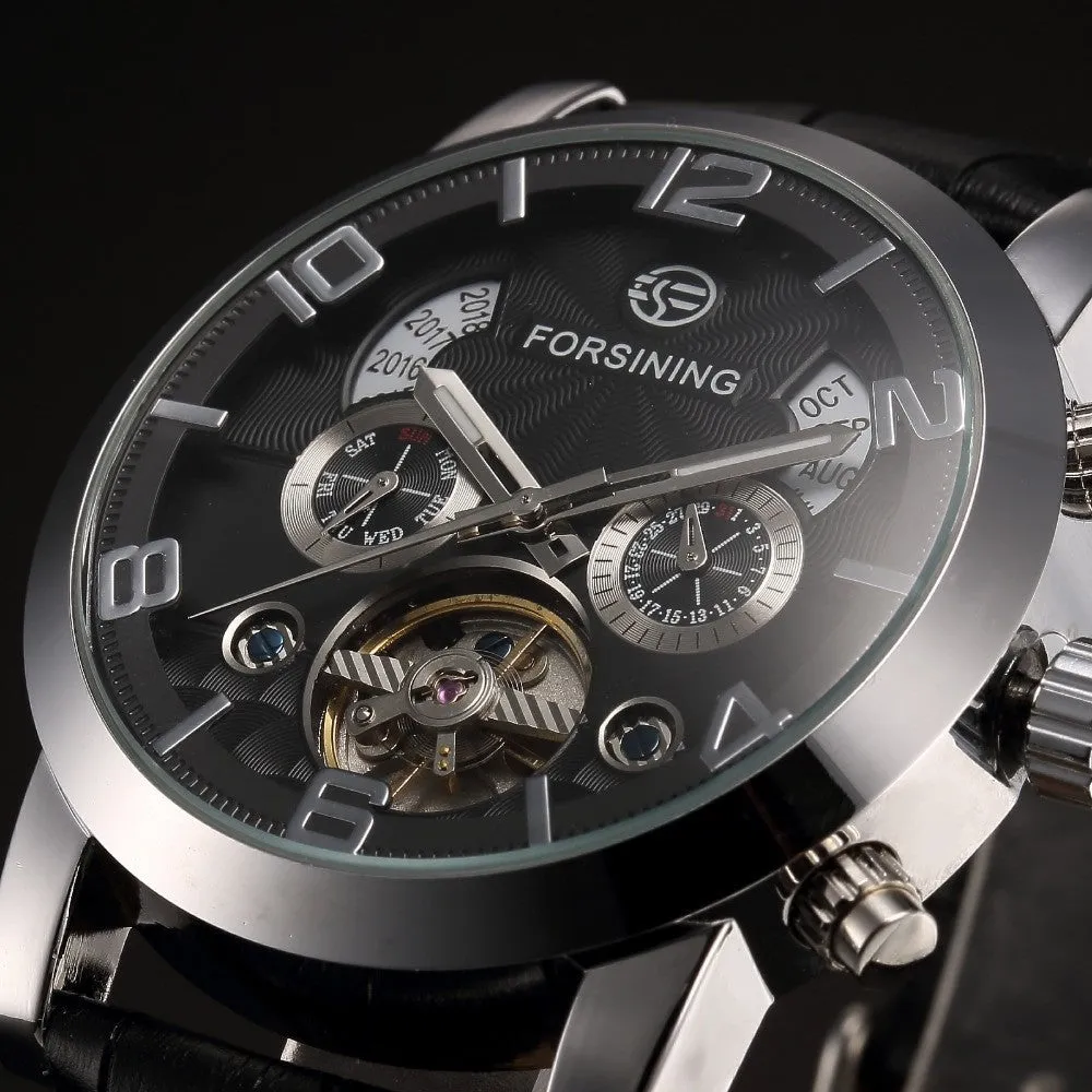 FORSINING Multifunction Mechanical Auto Analog Date Day Leather Strap Male Clock Men Dress Wrist Automatic Self Wind Watch with Gift Box