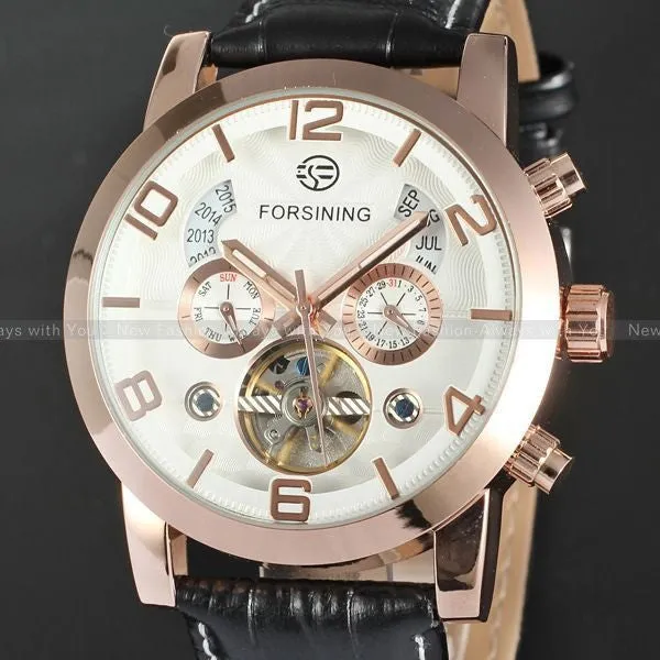 FORSINING Multifunction Mechanical Auto Analog Date Day Leather Strap Male Clock Men Dress Wrist Automatic Self Wind Watch with Gift Box