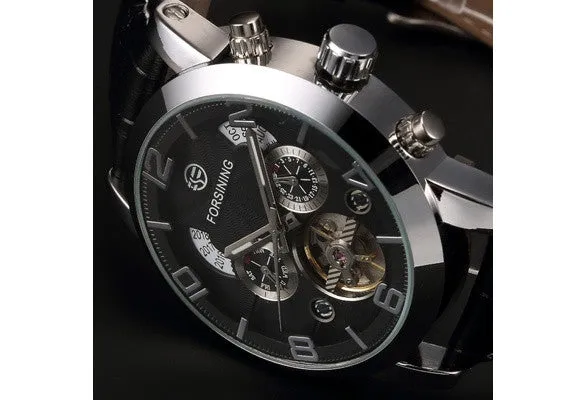 FORSINING Multifunction Mechanical Auto Analog Date Day Leather Strap Male Clock Men Dress Wrist Automatic Self Wind Watch with Gift Box