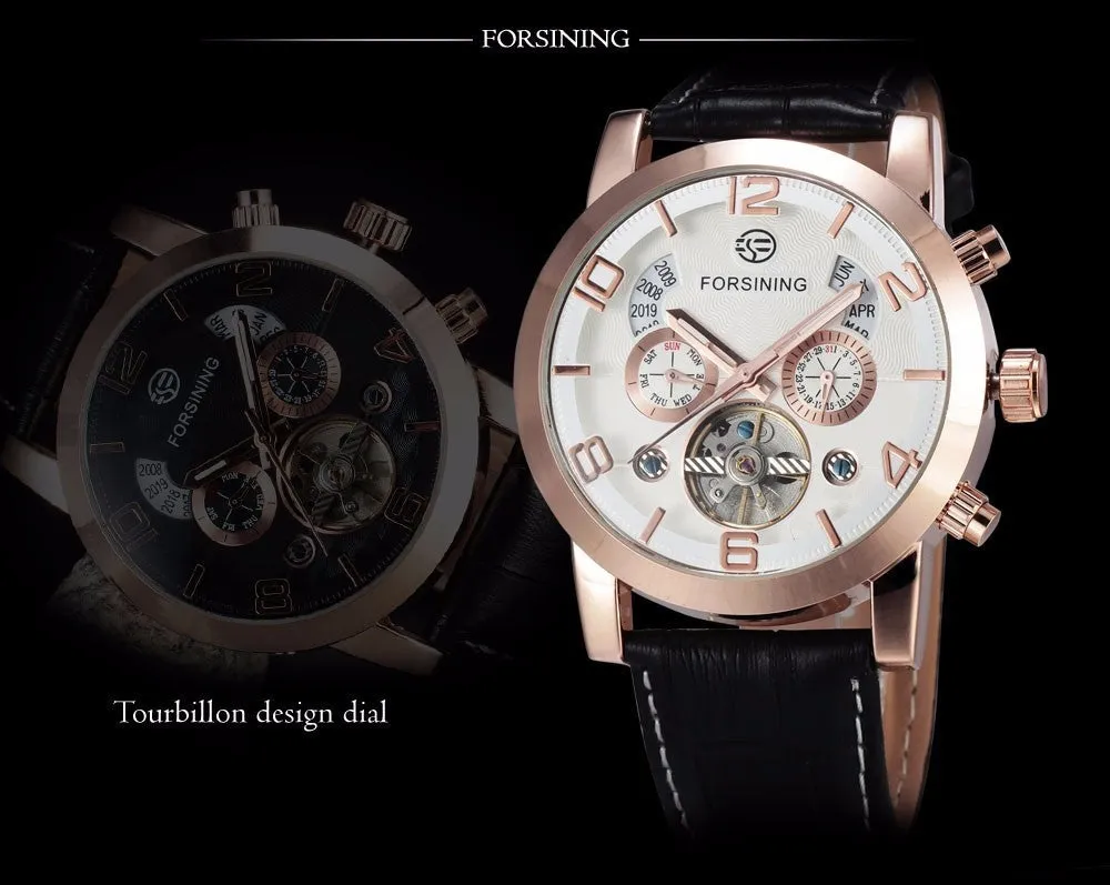FORSINING Multifunction Mechanical Auto Analog Date Day Leather Strap Male Clock Men Dress Wrist Automatic Self Wind Watch with Gift Box