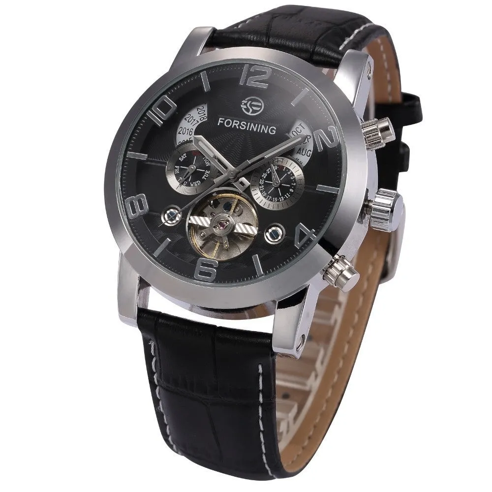 FORSINING Multifunction Mechanical Auto Analog Date Day Leather Strap Male Clock Men Dress Wrist Automatic Self Wind Watch with Gift Box