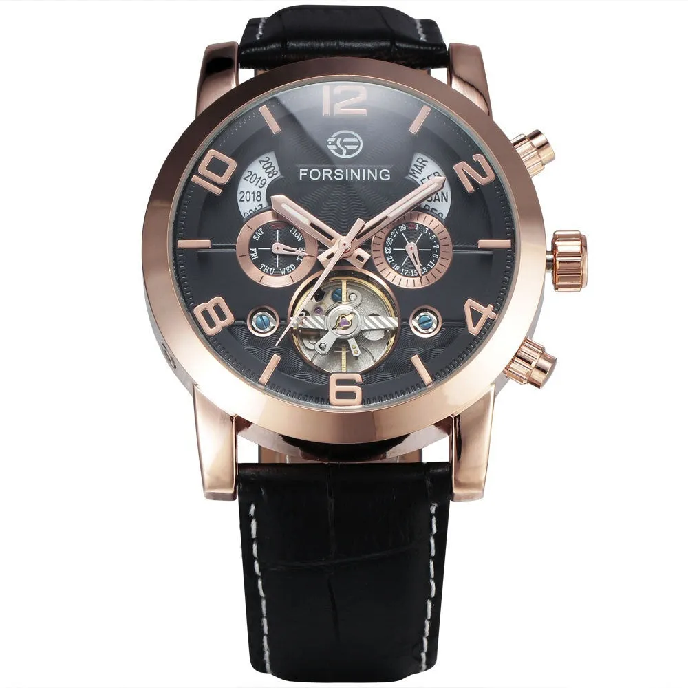 FORSINING Multifunction Mechanical Auto Analog Date Day Leather Strap Male Clock Men Dress Wrist Automatic Self Wind Watch with Gift Box