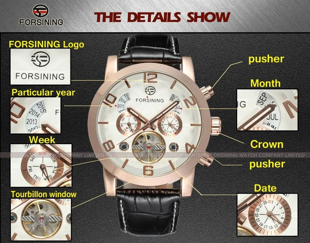 FORSINING Multifunction Mechanical Auto Analog Date Day Leather Strap Male Clock Men Dress Wrist Automatic Self Wind Watch with Gift Box