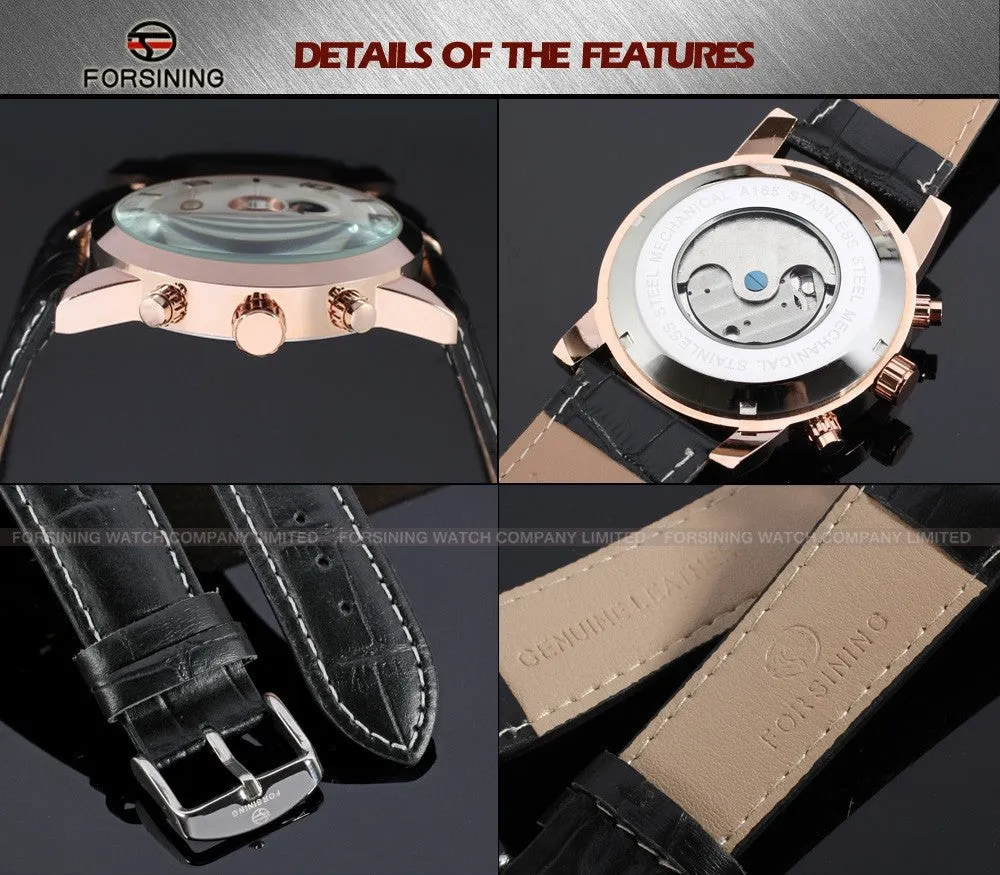 FORSINING Multifunction Mechanical Auto Analog Date Day Leather Strap Male Clock Men Dress Wrist Automatic Self Wind Watch with Gift Box