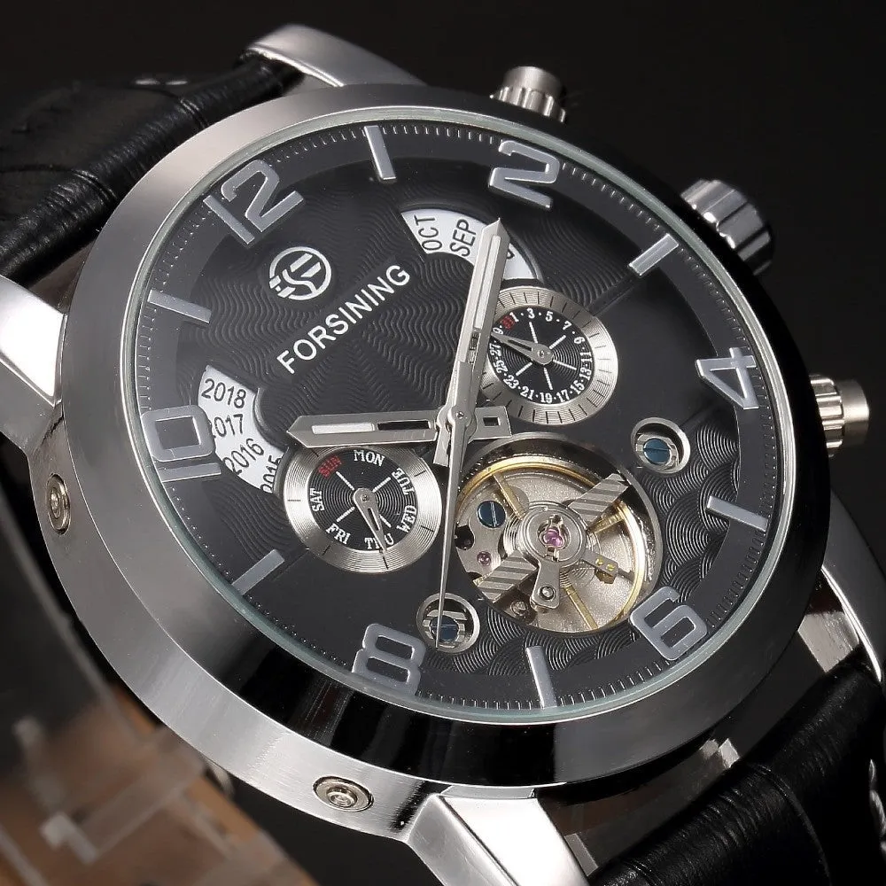 FORSINING Multifunction Mechanical Auto Analog Date Day Leather Strap Male Clock Men Dress Wrist Automatic Self Wind Watch with Gift Box