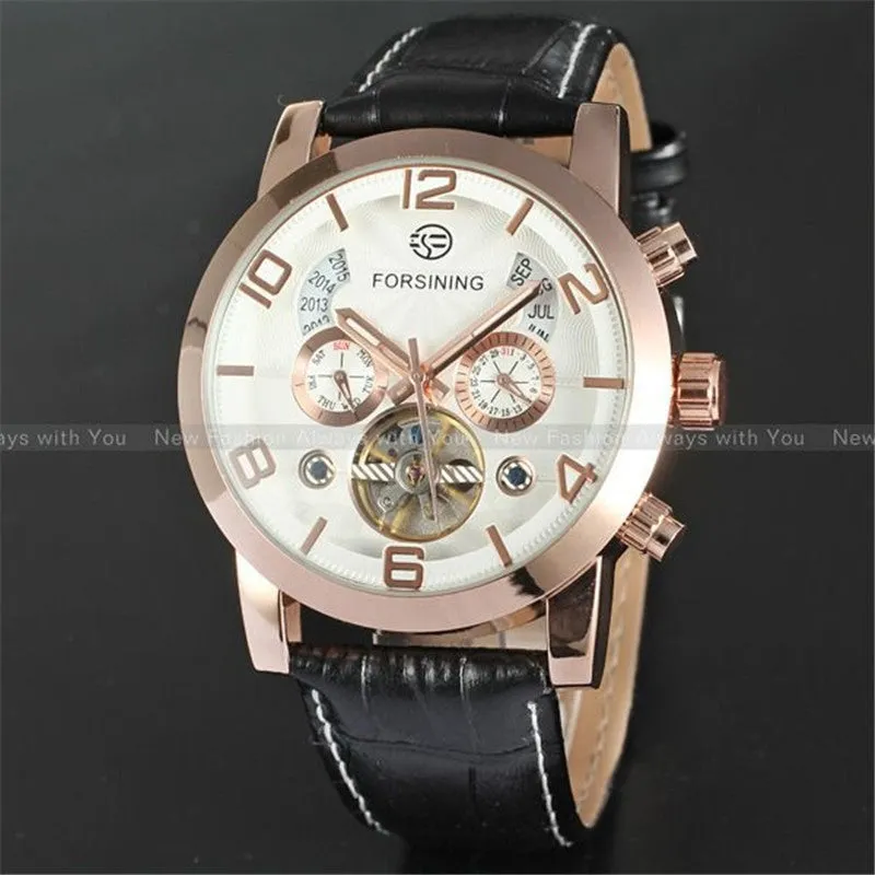 FORSINING Multifunction Mechanical Auto Analog Date Day Leather Strap Male Clock Men Dress Wrist Automatic Self Wind Watch with Gift Box