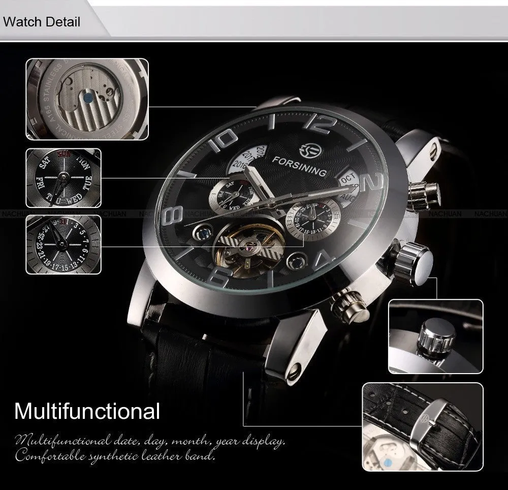 FORSINING Multifunction Mechanical Auto Analog Date Day Leather Strap Male Clock Men Dress Wrist Automatic Self Wind Watch with Gift Box