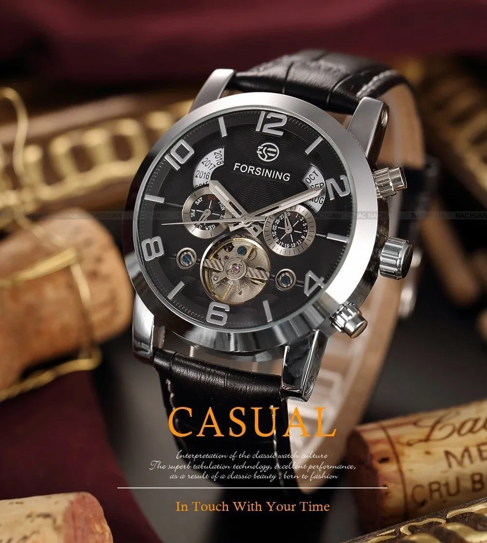 FORSINING Multifunction Mechanical Auto Analog Date Day Leather Strap Male Clock Men Dress Wrist Automatic Self Wind Watch with Gift Box