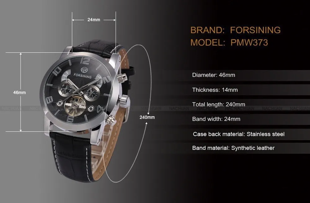 FORSINING Multifunction Mechanical Auto Analog Date Day Leather Strap Male Clock Men Dress Wrist Automatic Self Wind Watch with Gift Box