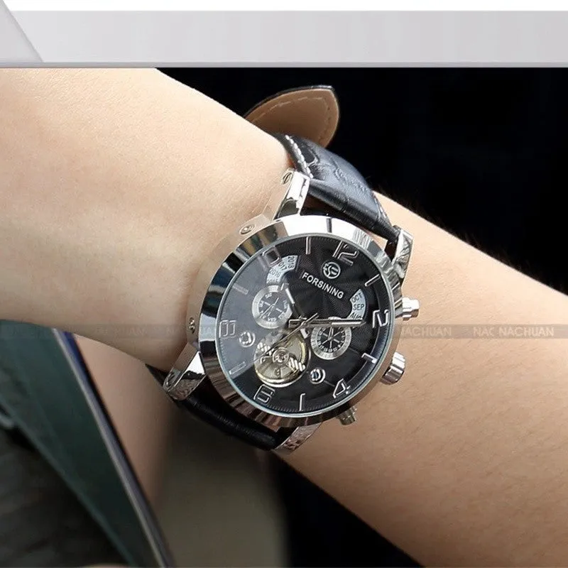 FORSINING Multifunction Mechanical Auto Analog Date Day Leather Strap Male Clock Men Dress Wrist Automatic Self Wind Watch with Gift Box