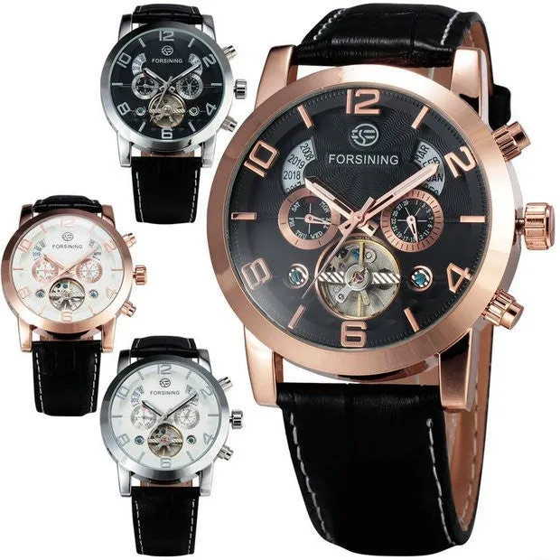 FORSINING Multifunction Mechanical Auto Analog Date Day Leather Strap Male Clock Men Dress Wrist Automatic Self Wind Watch with Gift Box