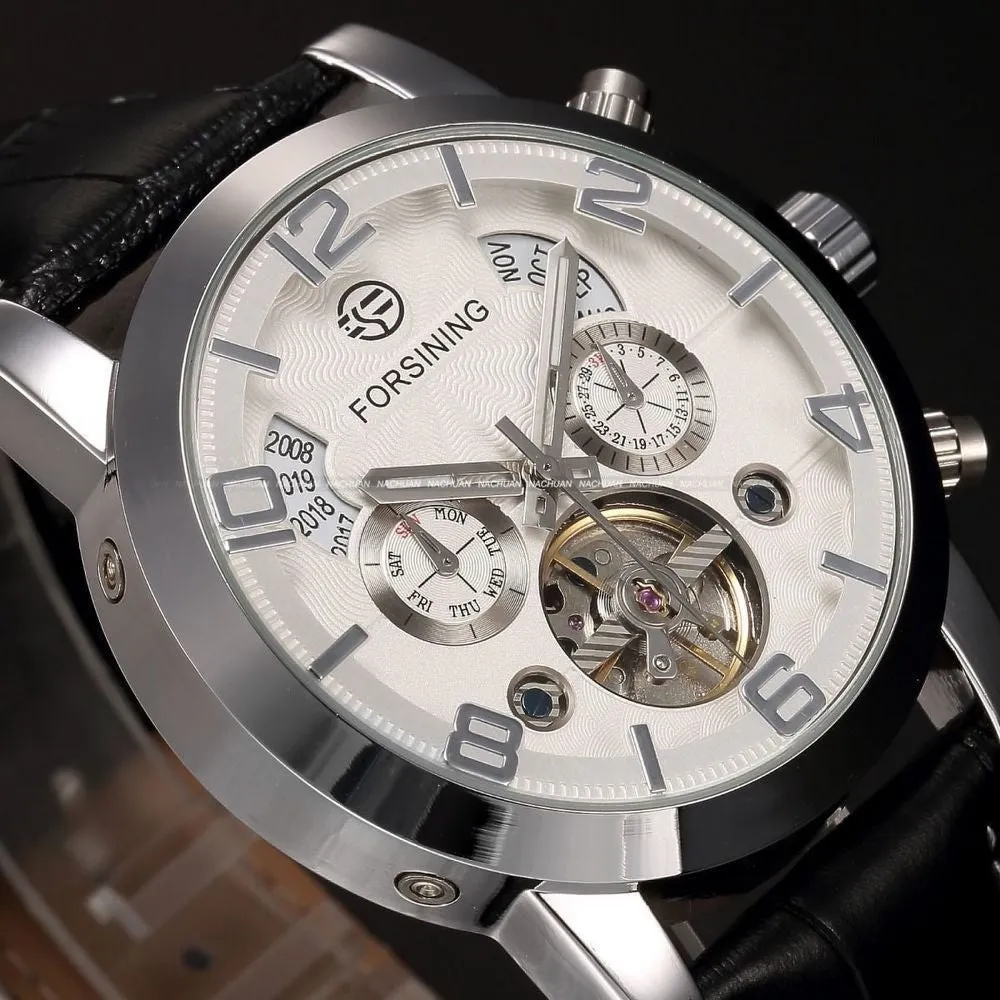 FORSINING Multifunction Mechanical Auto Analog Date Day Leather Strap Male Clock Men Dress Wrist Automatic Self Wind Watch with Gift Box