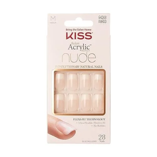 KISS Salon Acrylic Press On Nails, Nail glue included, Cashmere', French, Medium Size, Squoval Shape, Includes 28 Nails, 2g Glue, 1 Manicure Stick, 1 Mini file