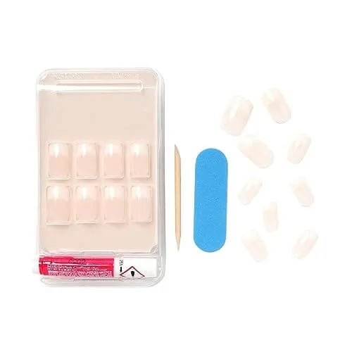 KISS Salon Acrylic Press On Nails, Nail glue included, Cashmere', French, Medium Size, Squoval Shape, Includes 28 Nails, 2g Glue, 1 Manicure Stick, 1 Mini file