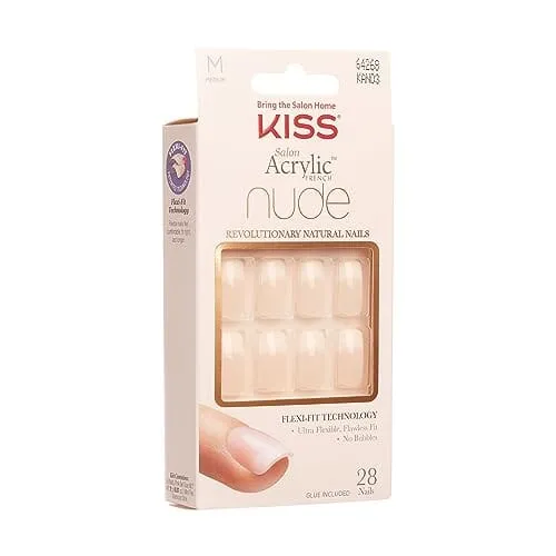 KISS Salon Acrylic Press On Nails, Nail glue included, Cashmere', French, Medium Size, Squoval Shape, Includes 28 Nails, 2g Glue, 1 Manicure Stick, 1 Mini file