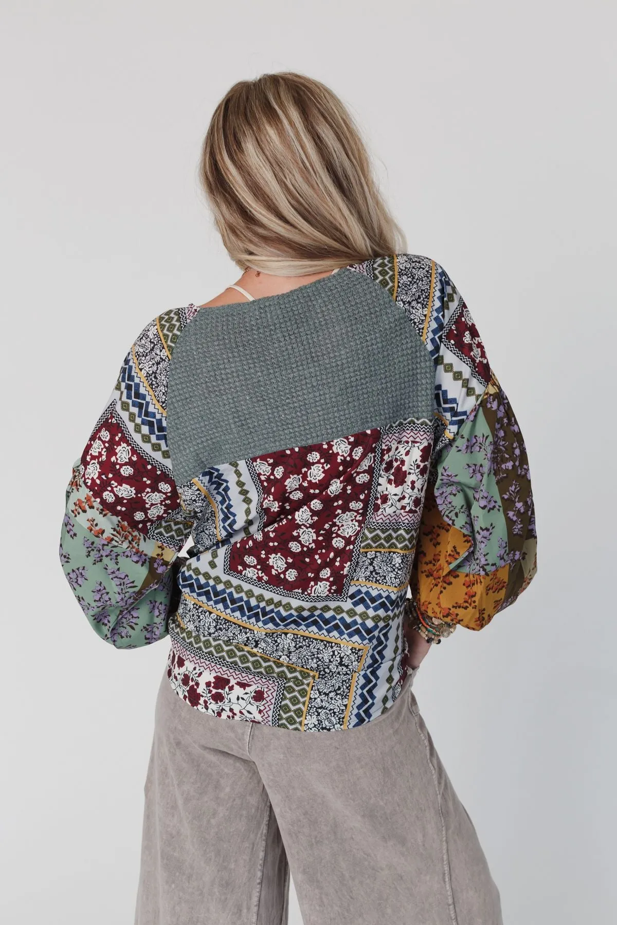 Laney Patchwork Print Top - Light Teal