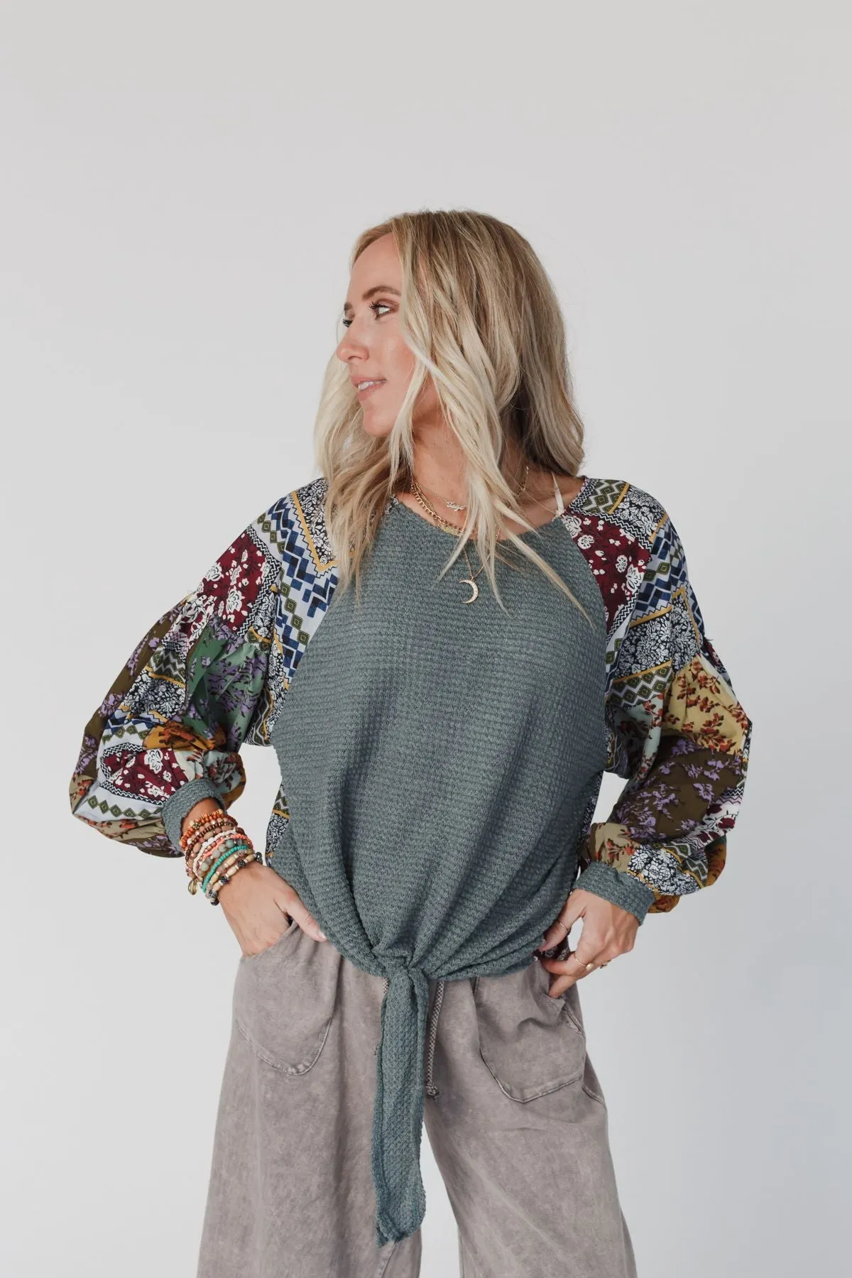 Laney Patchwork Print Top - Light Teal