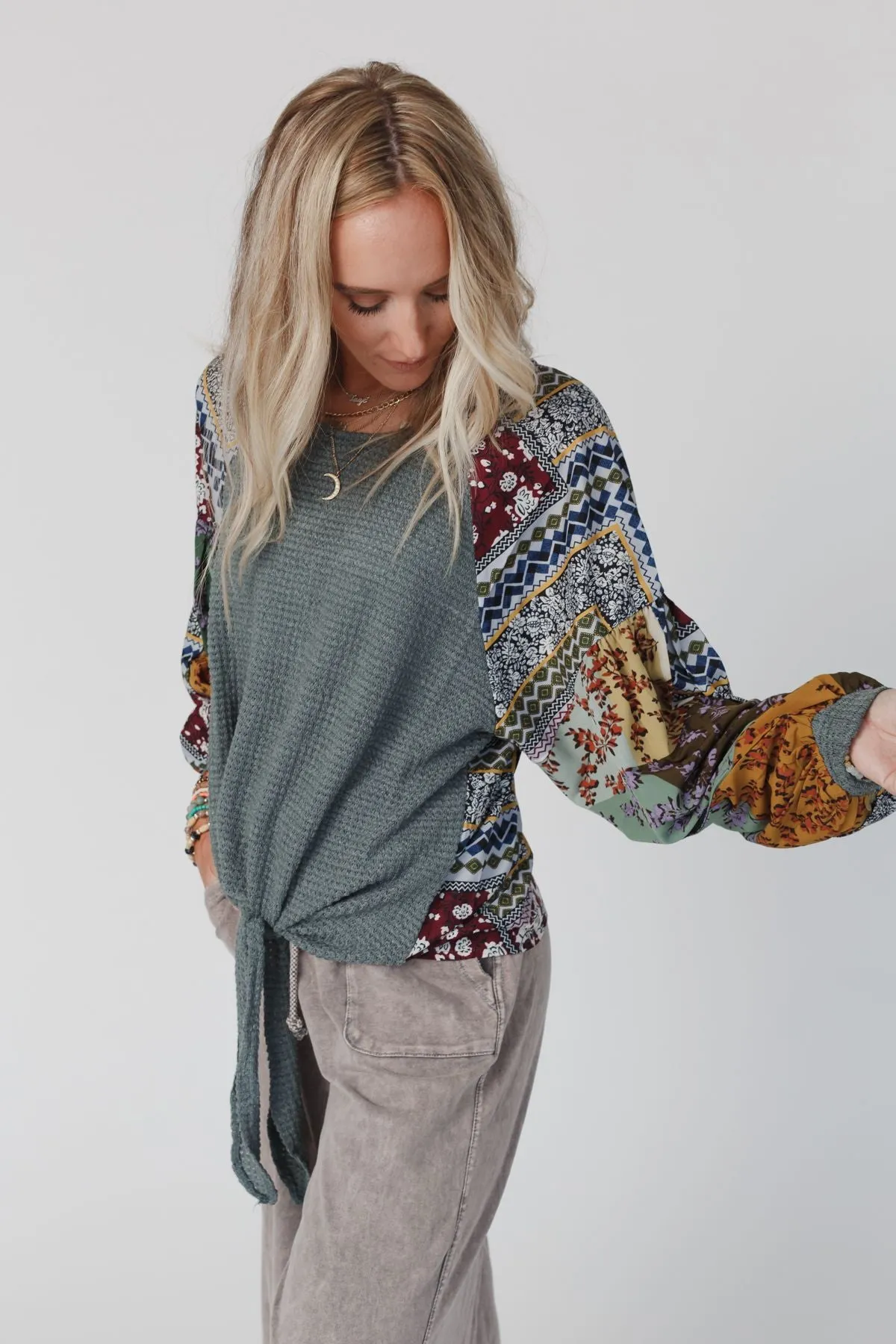Laney Patchwork Print Top - Light Teal