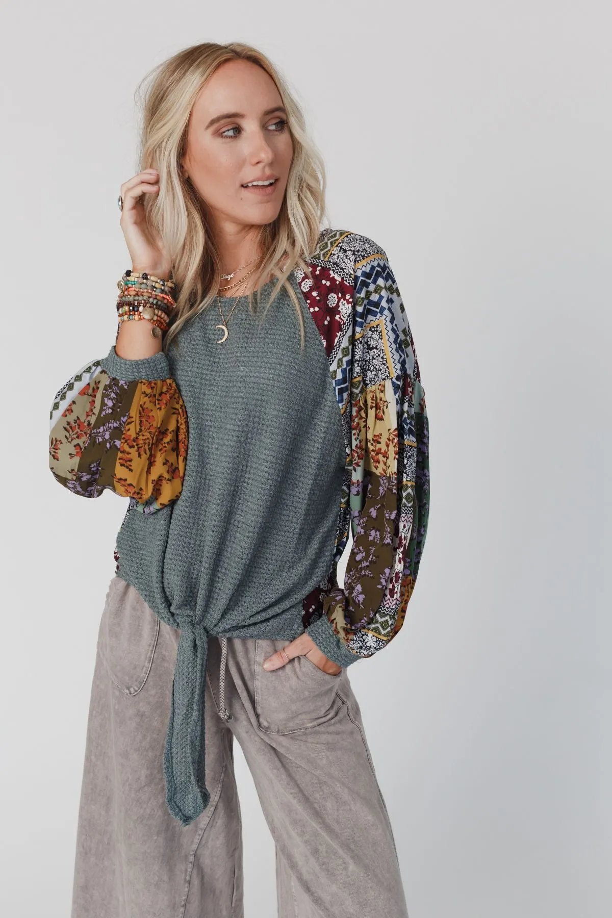 Laney Patchwork Print Top - Light Teal