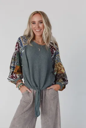 Laney Patchwork Print Top - Light Teal