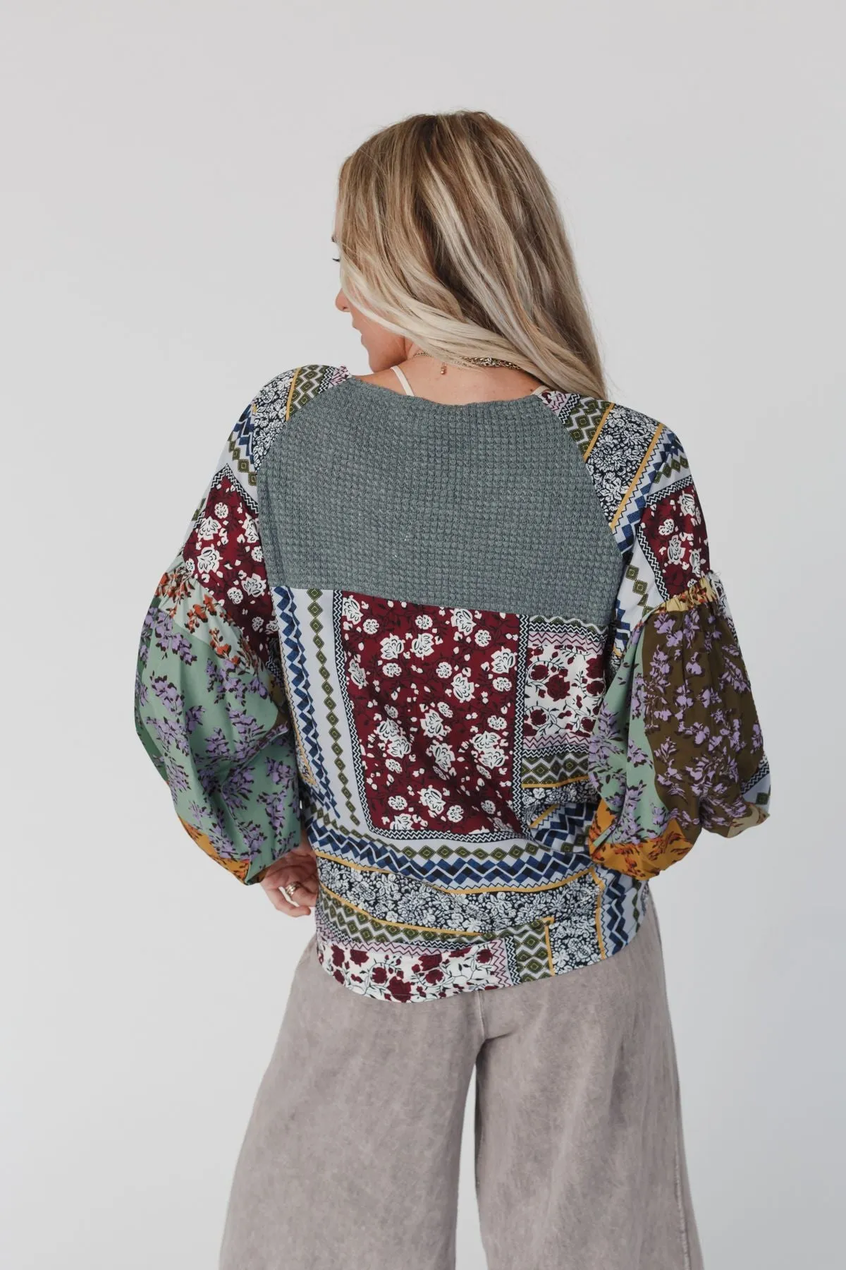 Laney Patchwork Print Top - Light Teal