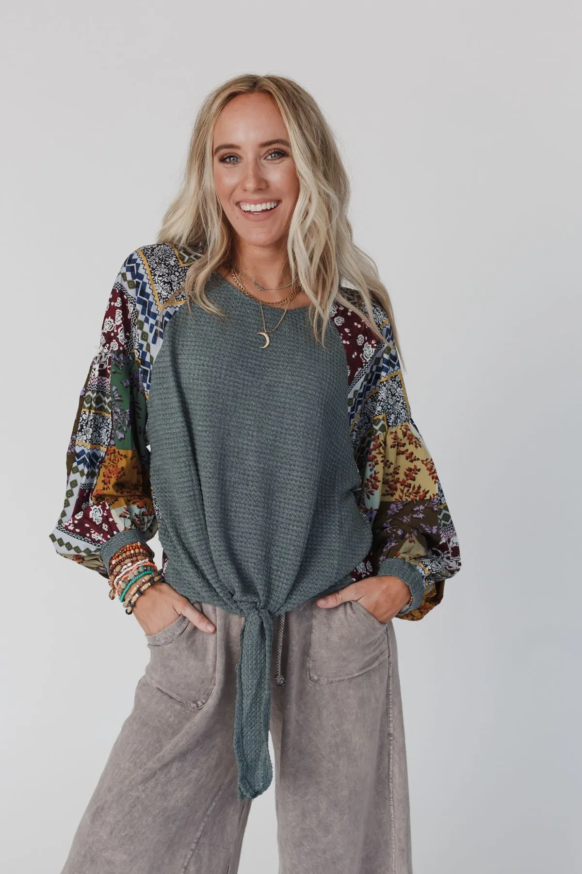 Laney Patchwork Print Top - Light Teal