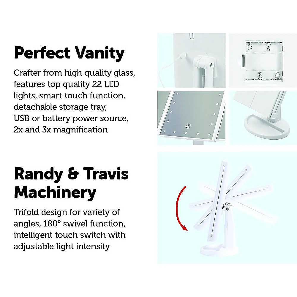 LED Makeup Mirror with 180° Swivel, Tri-Fold, Touch, 22 Lights