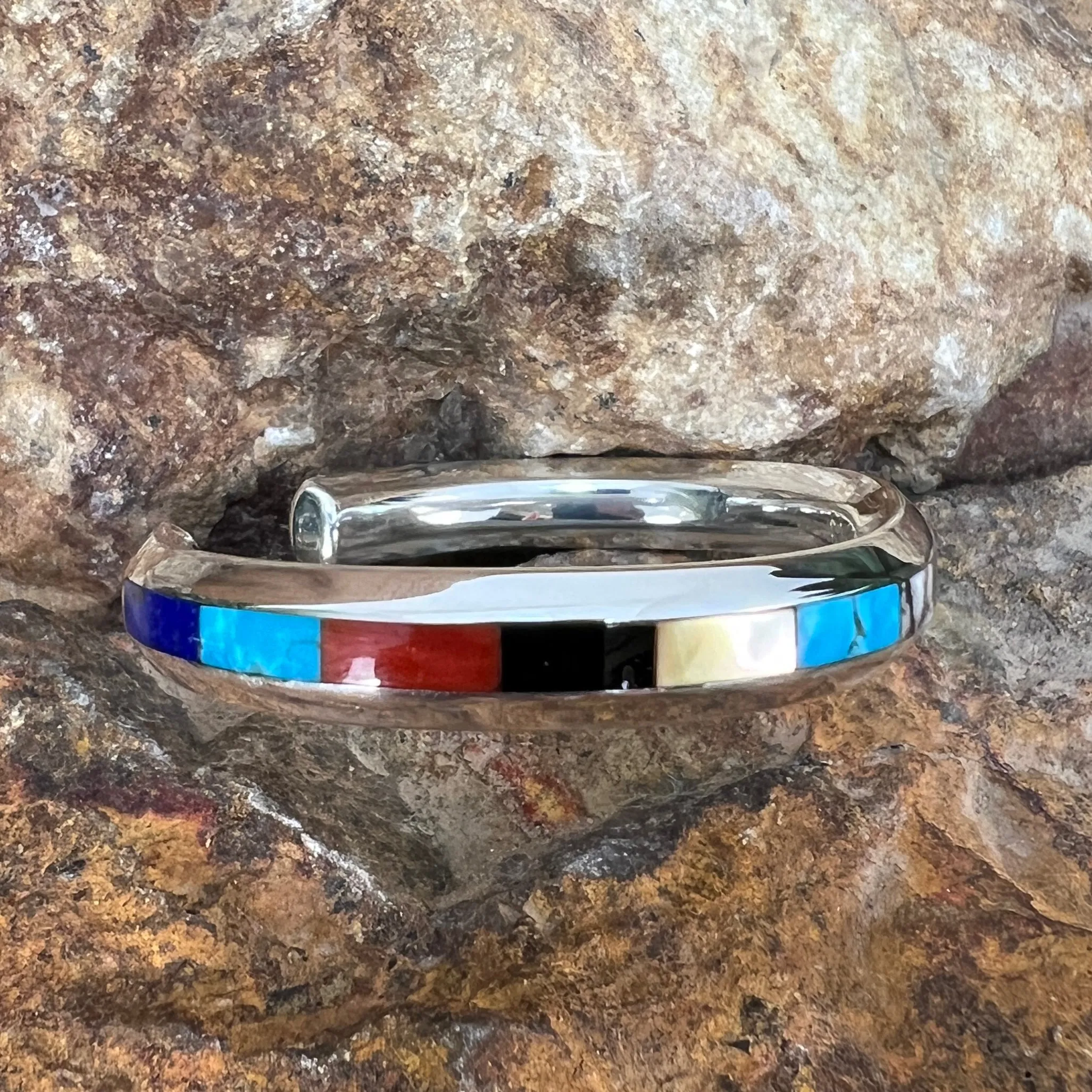 Multi-Stone Sterling Silver Inlaid Bracelet by Troy Natachu