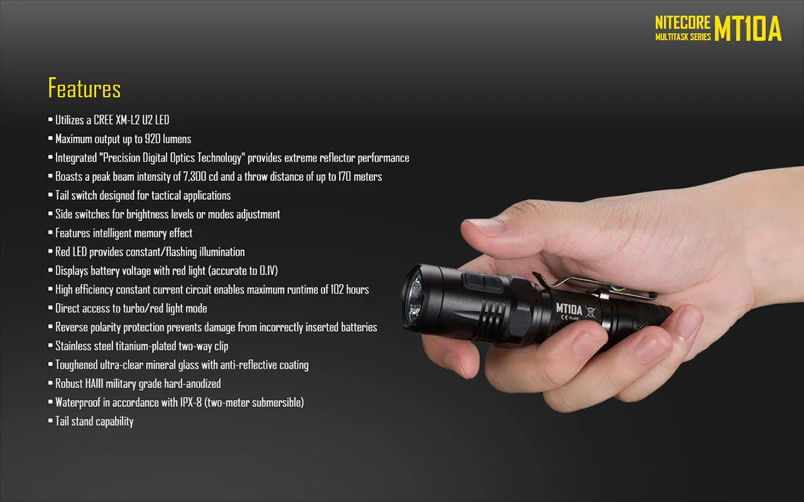 Nitecore MT10A CREE XM-L2 U2 LED Flashlight - 920 Lumens