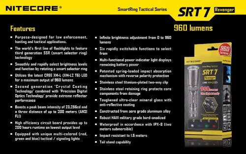 Nitecore SRT7 Revenger Cree XM-L2 LED 960 LM Flashlighght -Grey