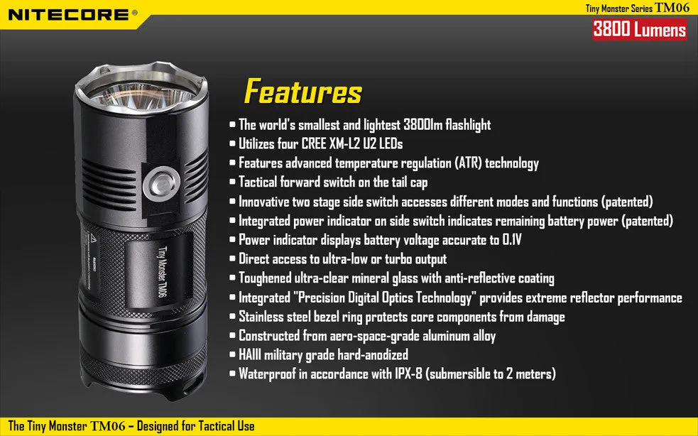 NiteCore TM06 Tiny Monster 3800 Lumen CREE XM-L2 U2 Flashlight