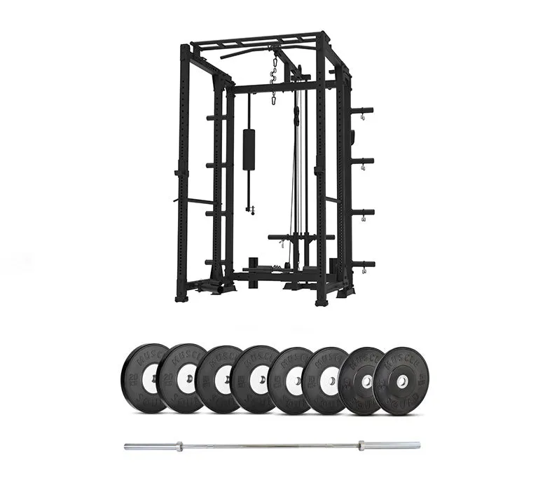 P2 Freestanding Folding Rack with Plate-Loaded Pulley, Barbell and Weights Packages