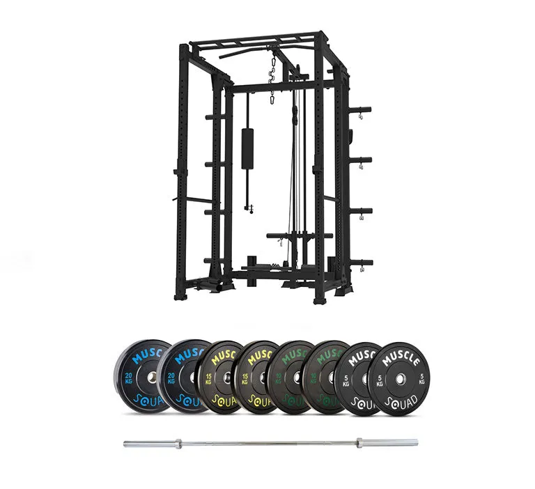 P2 Freestanding Folding Rack with Plate-Loaded Pulley, Barbell and Weights Packages