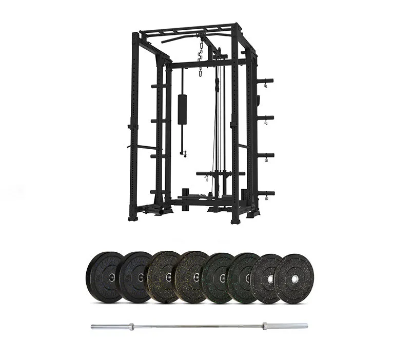 P2 Freestanding Folding Rack with Plate-Loaded Pulley, Barbell and Weights Packages