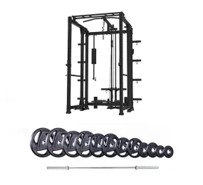 P2 Freestanding Folding Rack with Plate-Loaded Pulley, Barbell and Weights Packages