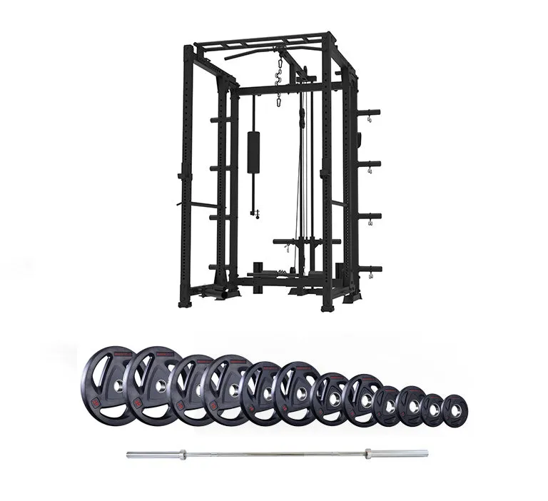 P2 Freestanding Folding Rack with Plate-Loaded Pulley, Barbell and Weights Packages