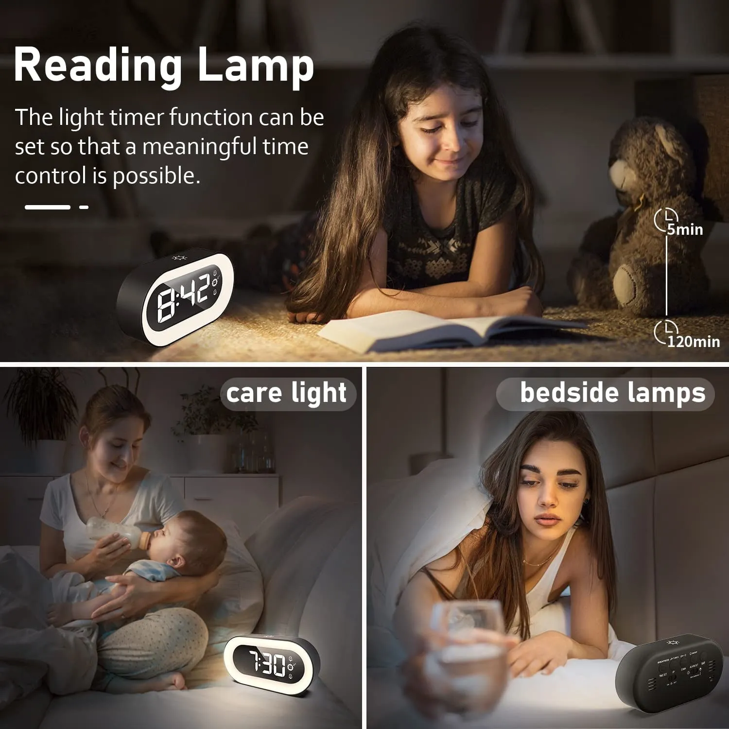 Pevode Digital Alarm Clock with Light, Musical Ringer, and Spare Battery(Black RGB)