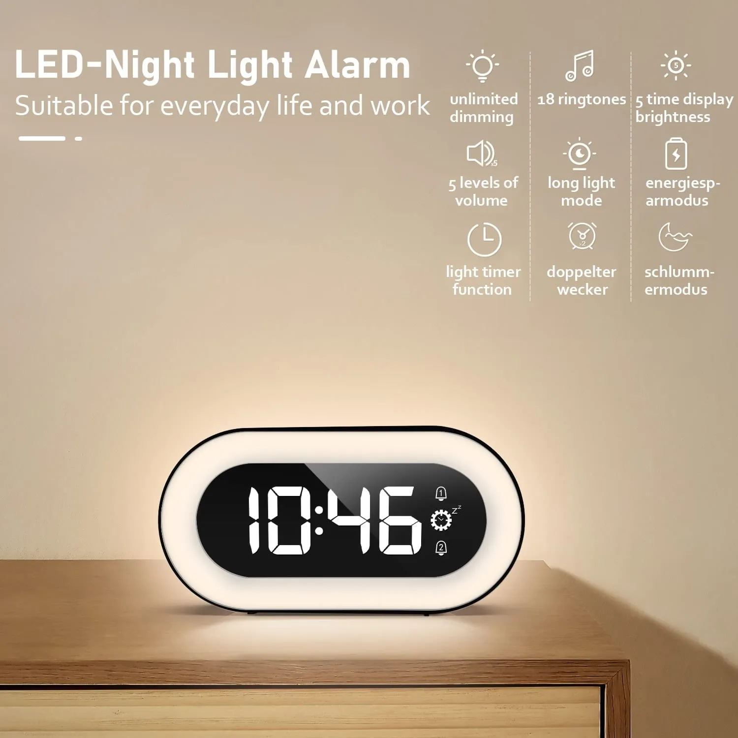 Pevode Digital Alarm Clock with Light, Musical Ringer, and Spare Battery(Black RGB)