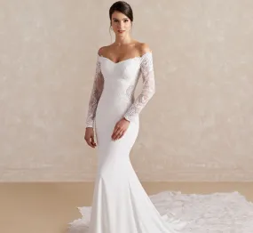 Platinum Crepe & Lace Off-The-Shoulder Wedding Gown In Ivory Ivory