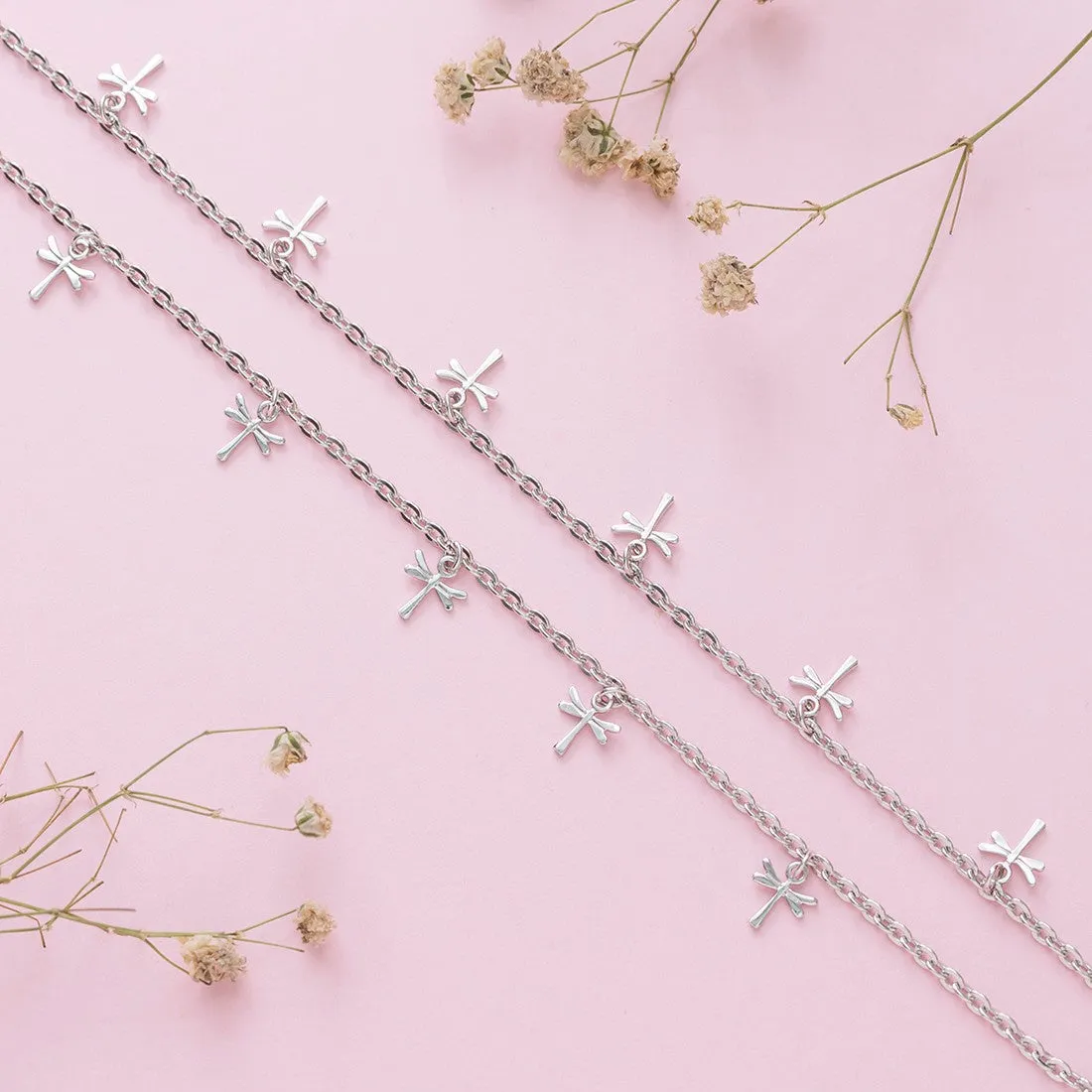 Rhodium Plated Dragonfly 925 Sterling Silver Anklets