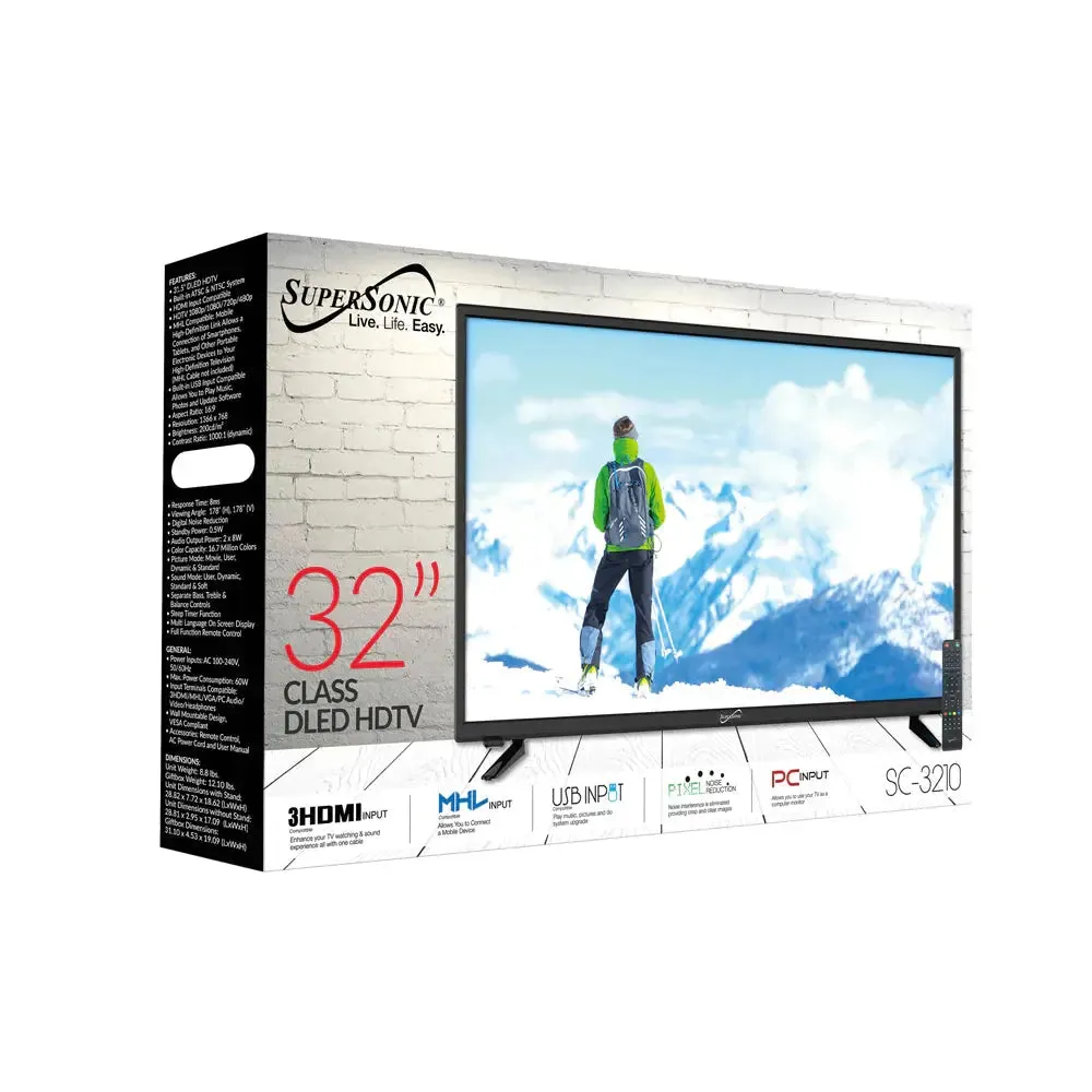 Supersonic SC-3210 32” Class Widescreen DLED HDTV 1080p Built-In USB HDMI