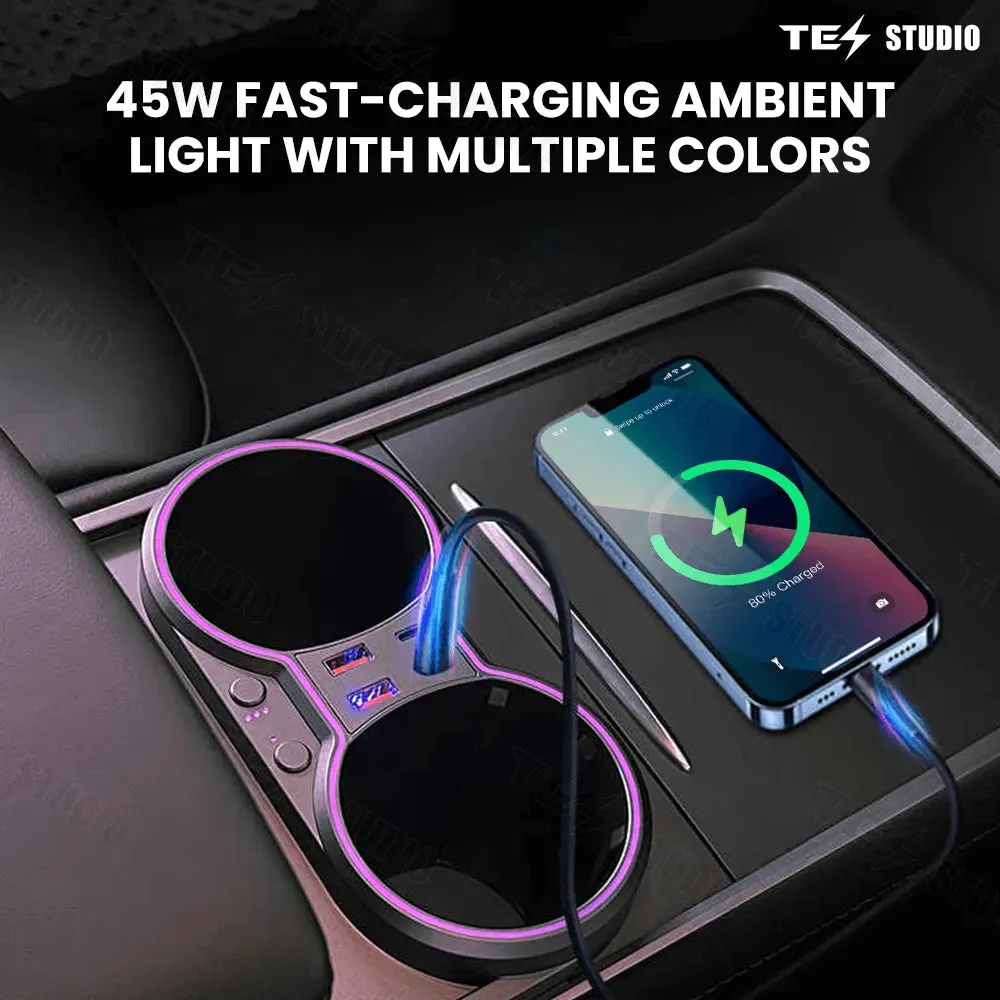 Tesstudio Testla Accessories Console Cup Holder Expansion Dock Aromatherapy with Lighting for Model 3/Y（21-23）