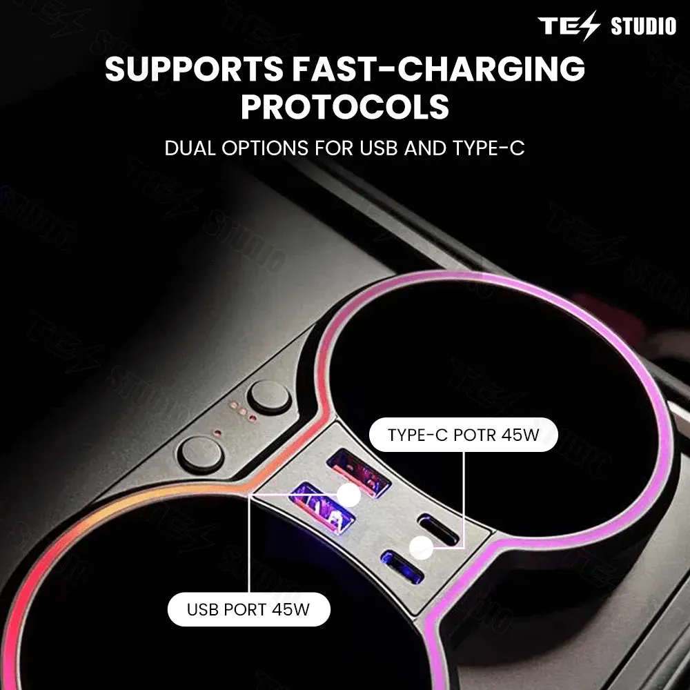 Tesstudio Testla Accessories Console Cup Holder Expansion Dock Aromatherapy with Lighting for Model 3/Y（21-23）