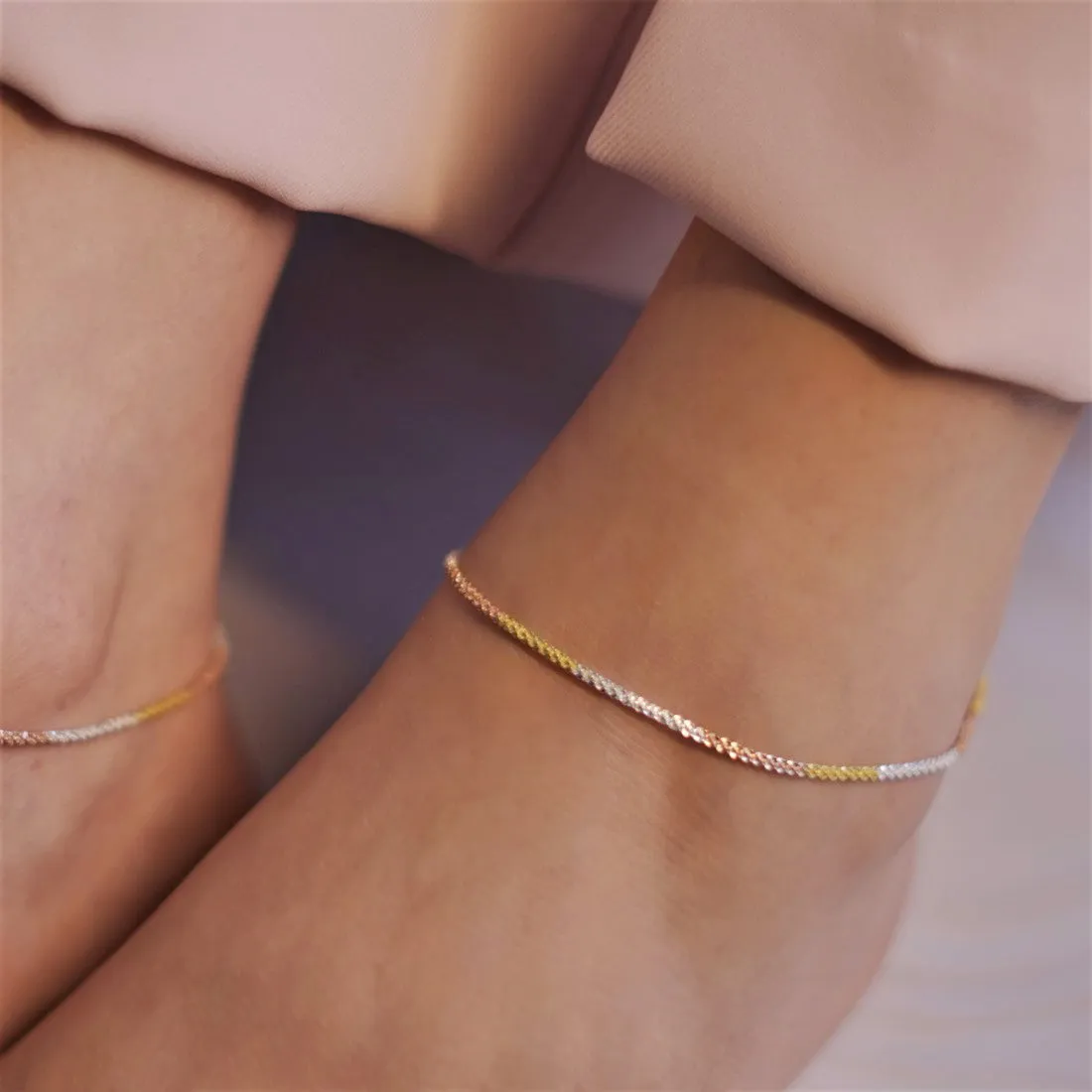 Triple-Tone Weave Chain 925 Sterling Silver Anklet