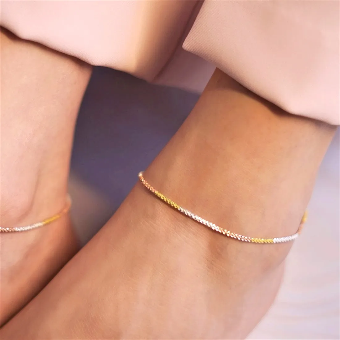 Triple Tone Weave Chain 925 Sterling Silver Anklet
