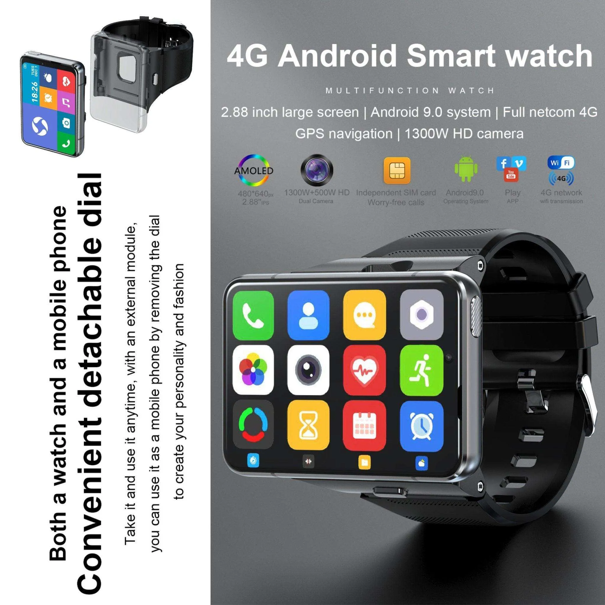 TUTT iS9 4G Smart Watch Phone Android 2.8” AMOLED IPS Screen 5 13 MP Dual Camera 4GB 64GB Quad-Core CPU, IP67 Waterproof, 4G/LTE Call, GPS, WiFi, Sports Fitness, Health Tracker